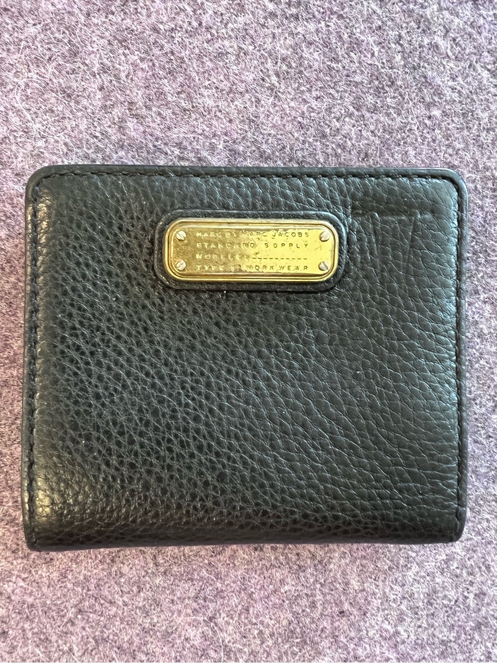 Marc By Marc Jacobs Black Pebbled Leather Bi-Fold Wallet with Gold Plaque